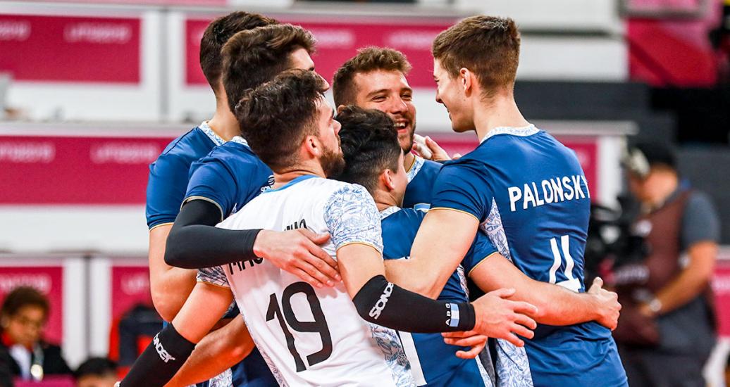 Argentinian volleyball team celebrates its victory over Puerto Rico at the 2019 Lima Games, at the Callao Regional Sports Village.