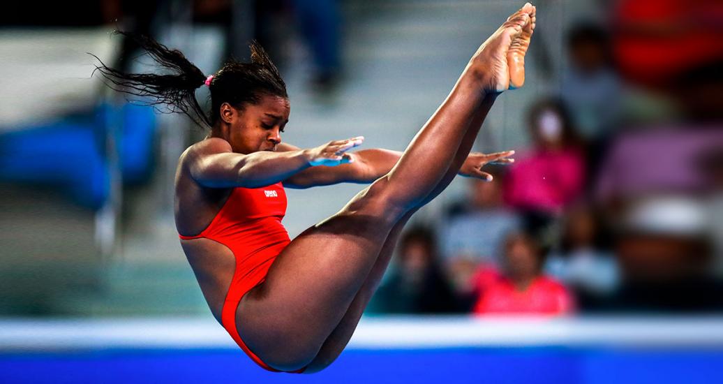 Cuban Anisley Garcia performs a dive in the 1m springboard competition at the Lima 2019 Games, held at the National Sports Village – VIDENA 