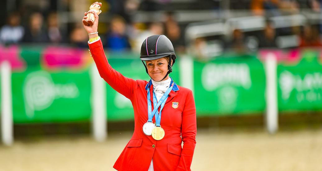 American Lynn Symansky won the silver medal in Lima 2019 equestrian jump individual final at the Army Equestrian School