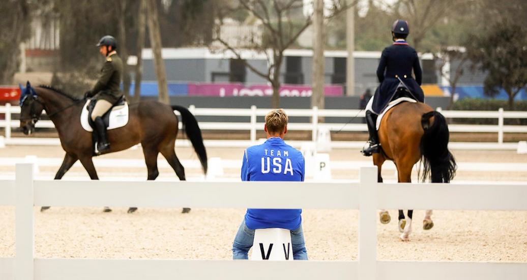 Jinetes de diversos países montan a caballo en la prueba de adiestramiento de los Juegos Panamericanos Lima 2019, en la Escuela de Equitación del Ejército