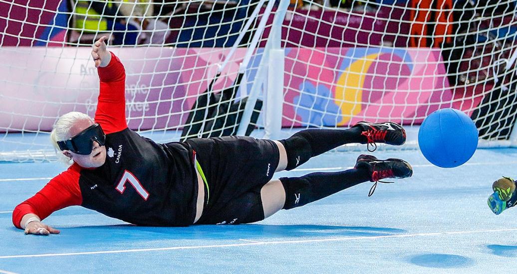 Amy Burk from Canada plays goalball against Brazil at the Callao Regional Sports Village at Lima 2019.