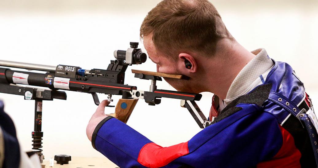 American Stetson Bardfield competes in the shooting Para sport 10m air rifle prone SH2 event at Las Palmas Air Base, at Lima 2019