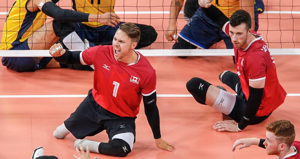 Canadian sitting volleyball team celebrates victory against Colombia during Lima 2019 match held at the Callao Regional Sports Village