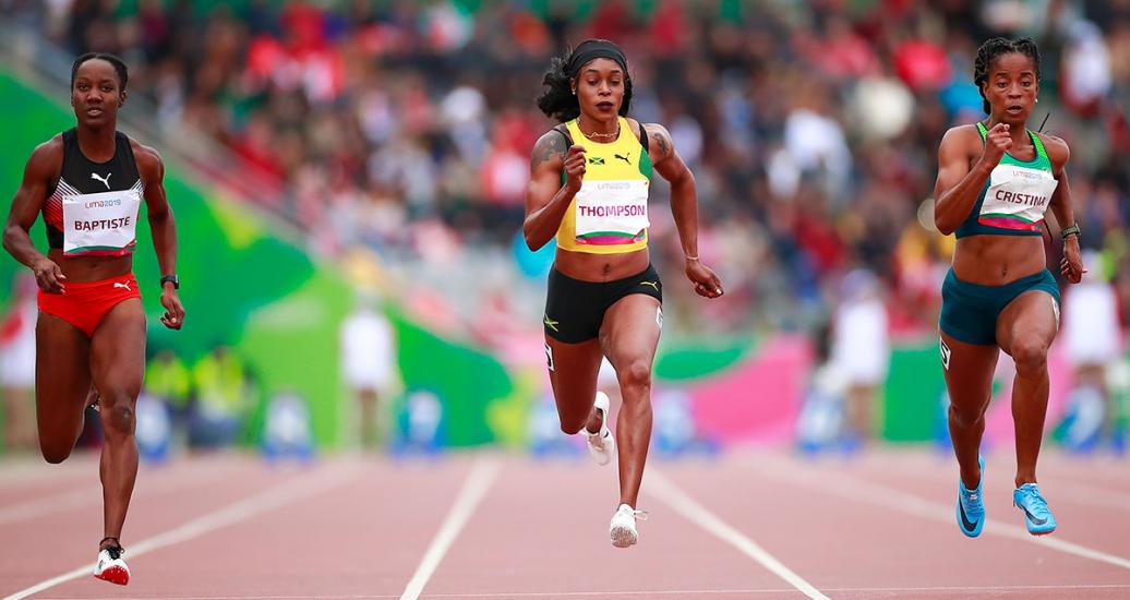 Elaine Sandra Lee atleta Jamaiquina recorre con ahínco carrera de 100 metros, en los Juegos Panamericanos Lima 2019, en la Villa  Deportiva Nacional – VIDENA 
