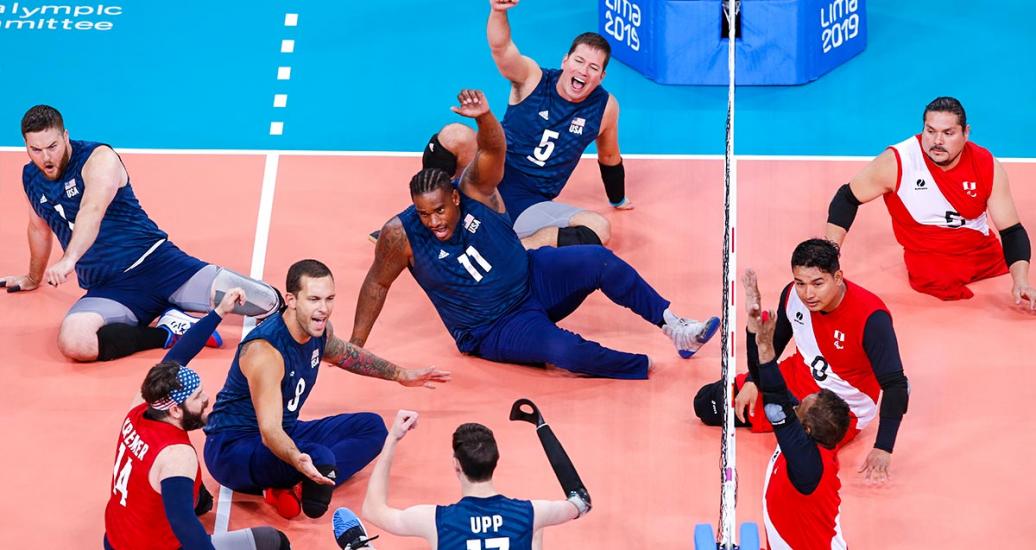 American sitting volleyball players celebrate their victory over Peru at Callao Regional Sports Village at Lima 2019