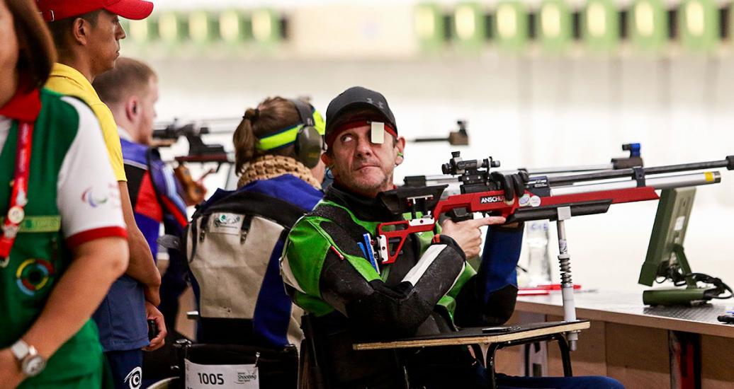 Colombian César Duran in action during the shooting Para sport 10m air rifle prone SH2 competition at Las Palmas Air Base, at Lima 2019
