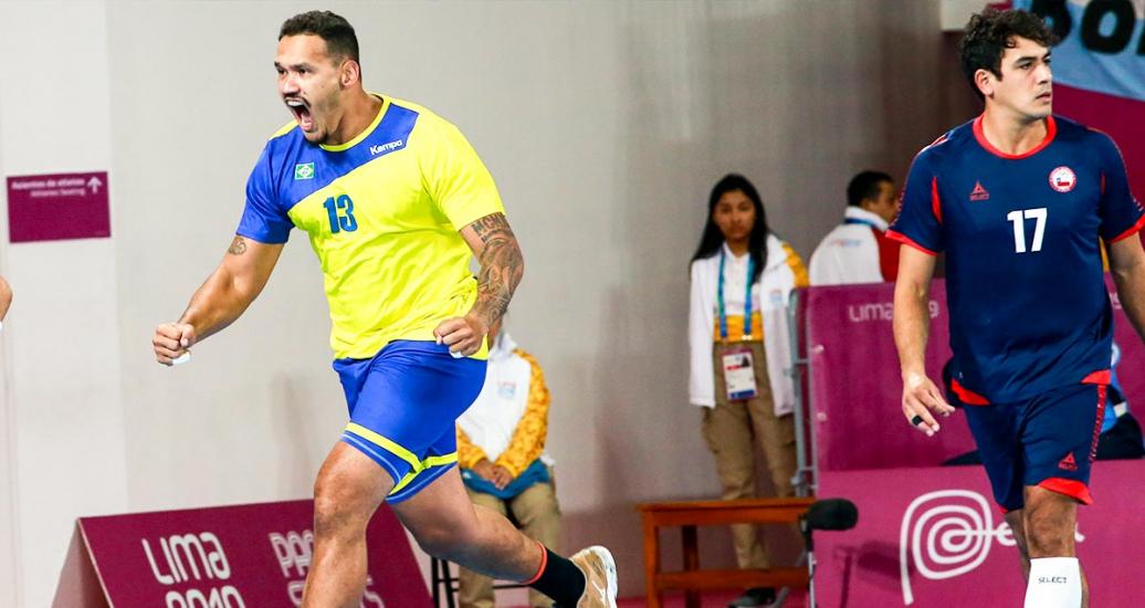 Brazilian Rogerio Morales celebrates a goal against Chile in the Lima 2019 Games at the National Sports Village- VIDENA