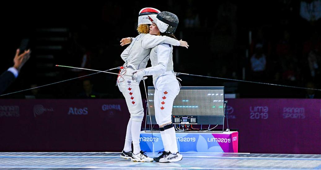 Canadian fencers after the individual women’s fencing semifinals, held at the Lima Convention Center