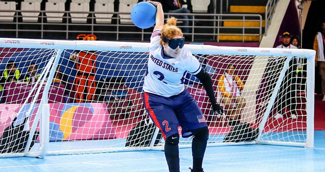 Liza Czechowski from the USA throwing the ball during a goalball match against Peru at the Callao Regional Sports Village at Lima 2019.
