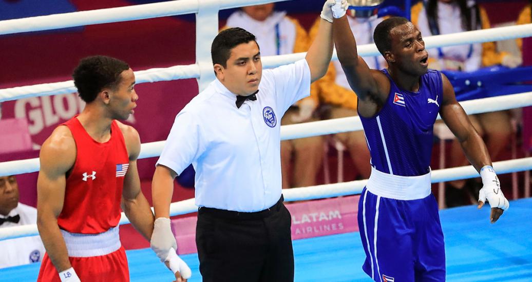 Cuban boxer David Caballero beat Duke Ragan from the United States in the men’s flyweight category at the Callao Regional Sports Village
