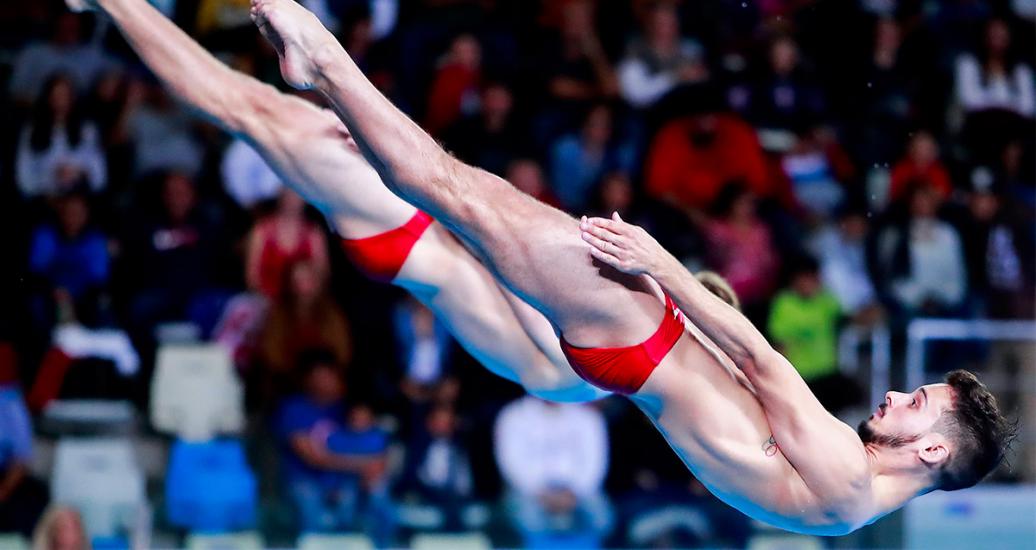Philippe Gagné and Francois Imbeau-Dulac compete in the Lima 2019 men’s 3 m synchronized event at the National Sports Village – VIDENA