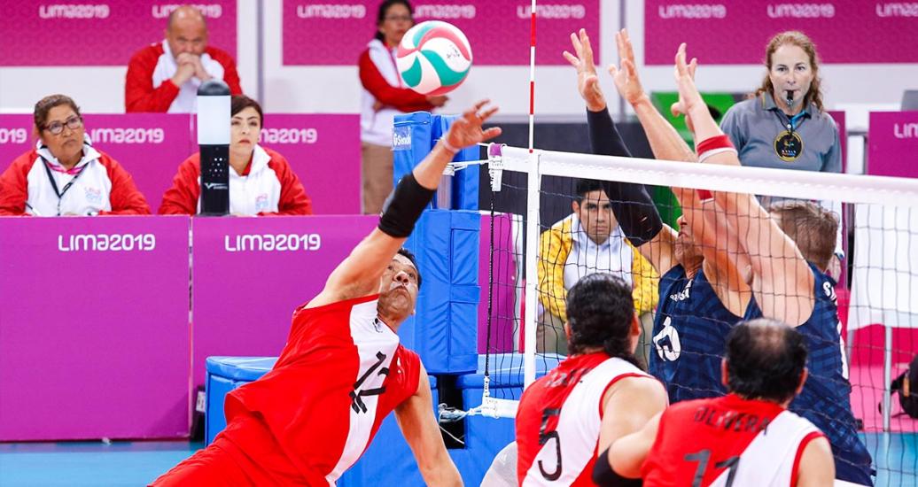 Peruvian Bruno Quiros faces off the American sitting volleyball team at Lima 2019, in a match held at Callao Regional Sports Village