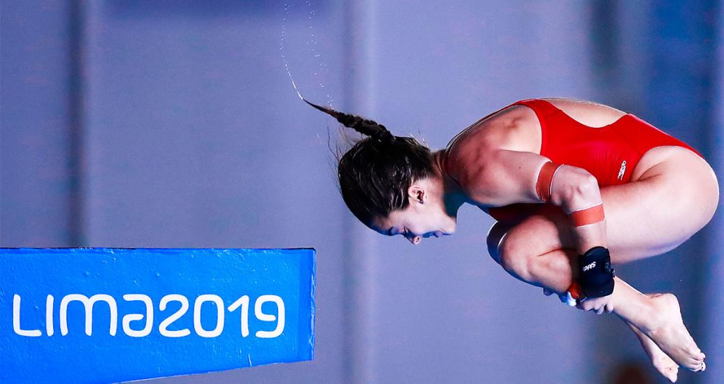 Canadian Meaghan Benfeito participates in the Lima 2019 women’s 10 m platform event at the National Sports Village – VIDENA