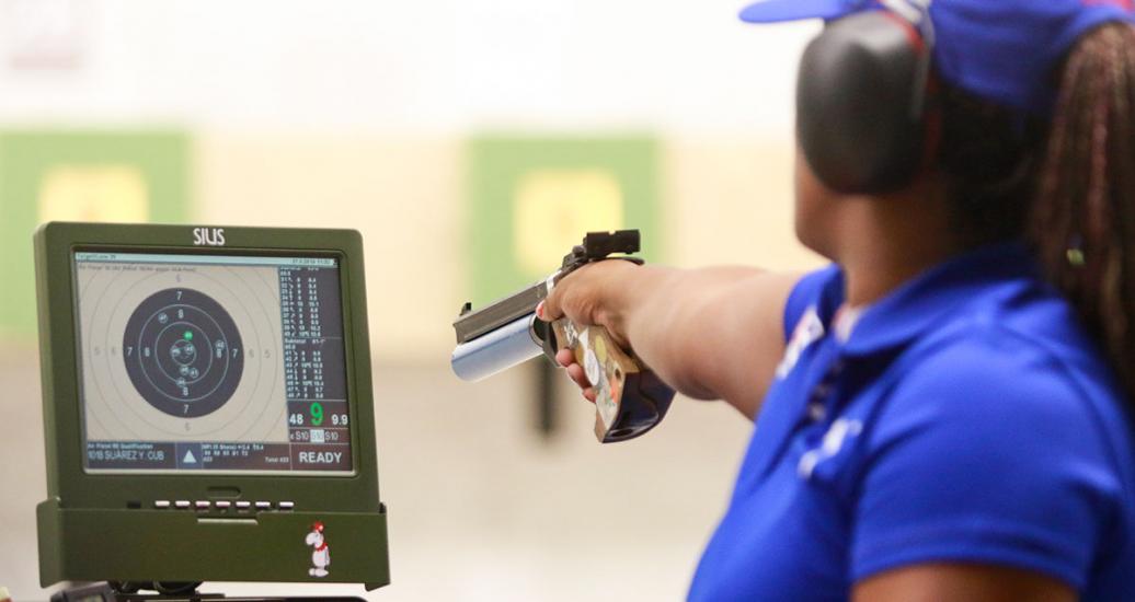 Cuban Yenigladys Suarez competes in shooting Para sport 10m air pistol SH1 at Las Palmas Air Base, at Lima 2019