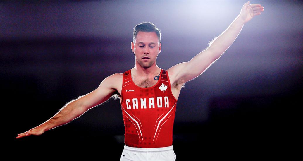 Canada’s Jeremy Chartier starts his routine in trampoline gymnastics at the Lima 2019 Games held at the Villa El Salvador Sports Center