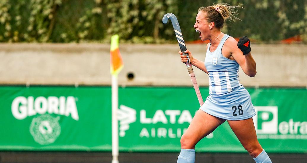  Argentinian hockey player, Julieta Jankunas, celebrates her goal against Chile at the Villa María del Triunfo Sports Center during the Lima 2019 Pan American Games.