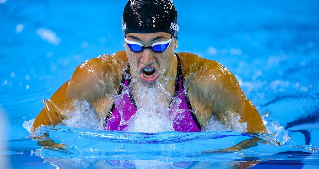 ulia Sebastián from Argentina competing in the Lima 2019 women’s 200m breaststroke at the National Sports Village – VIDENA