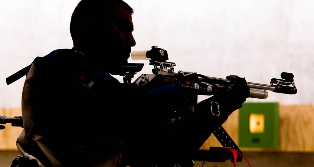 Jorge Arcela from Peru after shooting his rifle during the mixed 25 m sport pistol SH1 final, at Las Palmas Air Base, at Lima 2019