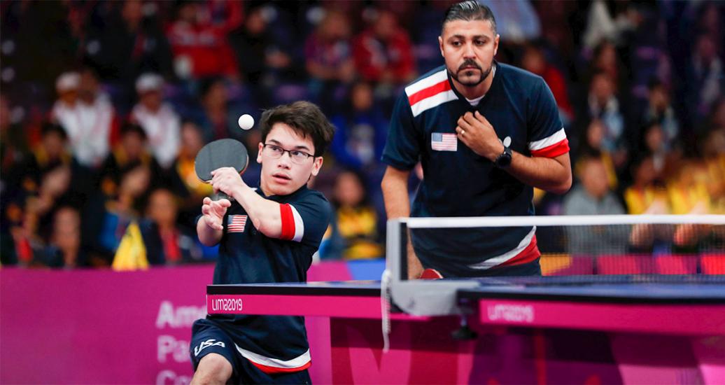 Ian Seidenfeld and Marco Makkar from the US face off Brazil in Lima 2019 Para table tennis team competition at the National Sports Village - VIDENA